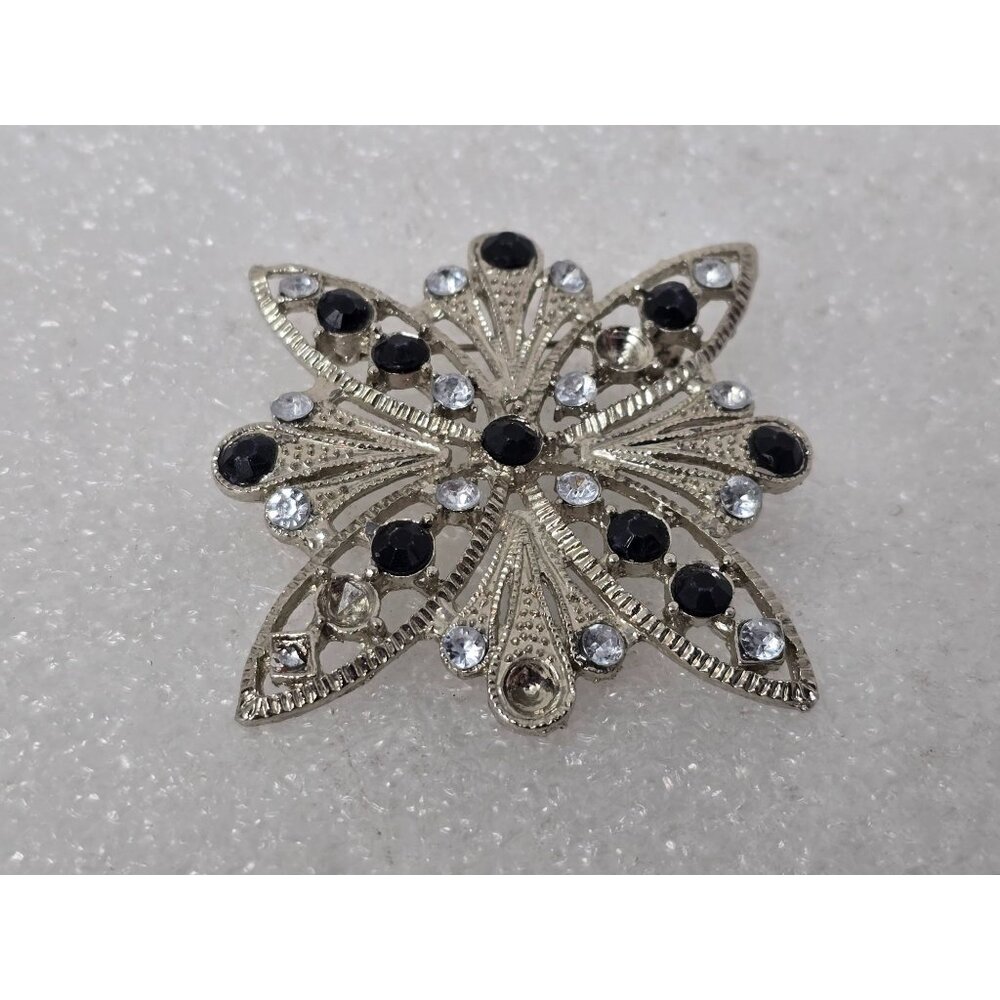 Vintage Silver Tone Rhinestone Starburst Brooch Black Clear Crystal Pin (As Is)